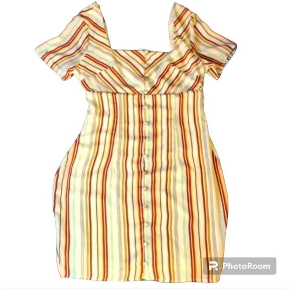 NWT Sage The Label Size Small Dixie Cream Colorful Stripe Squareneck Mini Dress - Picture 1 of 9